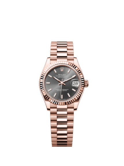The Oyster Perpetual Datejust 31 in 18K Everose gold with a slate grey dial and a President bracelet. -m278275-0027