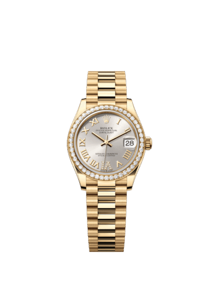 The Oyster Perpetual Datejust 31 in 18 ct yellow gold with a diamond-set silver dial and a President bracelet. -m278288rbr-0020